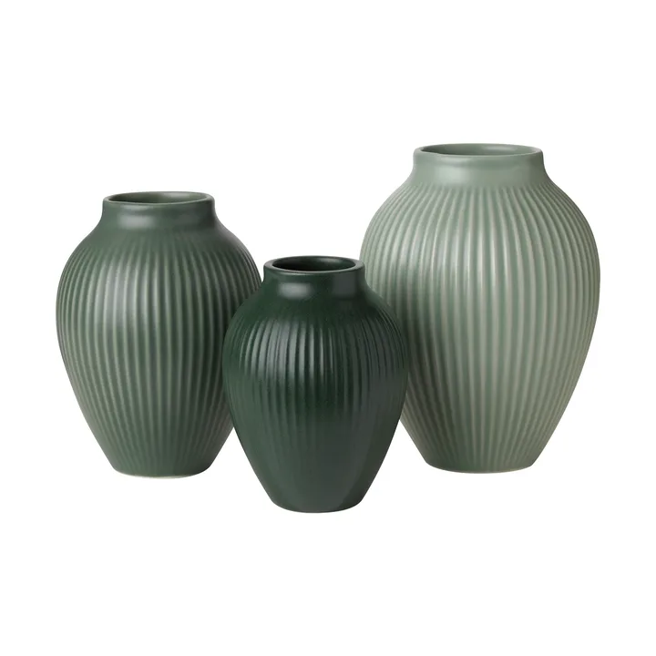 Knabstrup mini vase ripple mat 3‑dele - Misty green-celadon green-dark green - Knabstrup Keramik