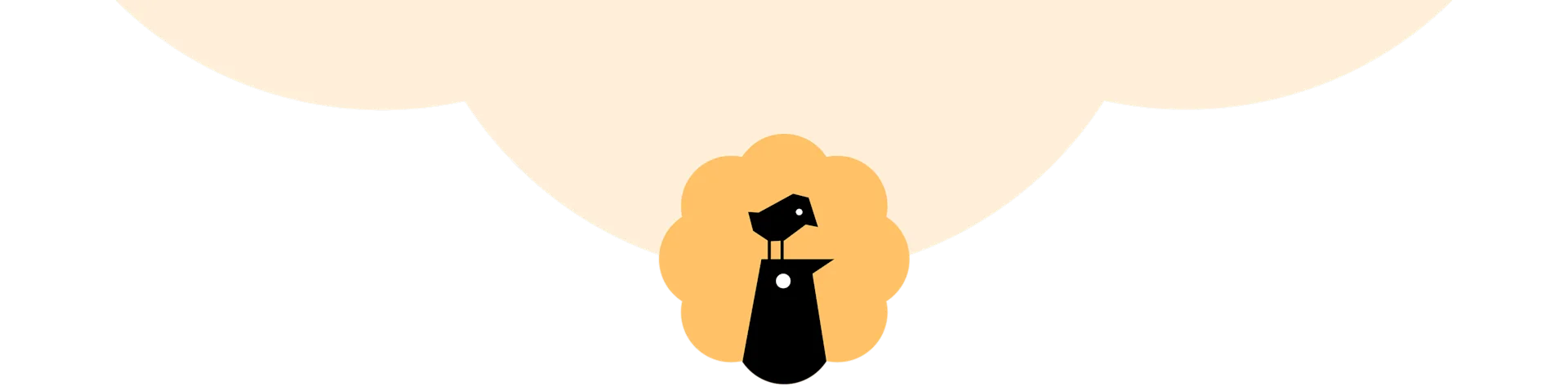 To minimalistiske sorte fugle, den ene siddende på den anden, på en orange skyformation.