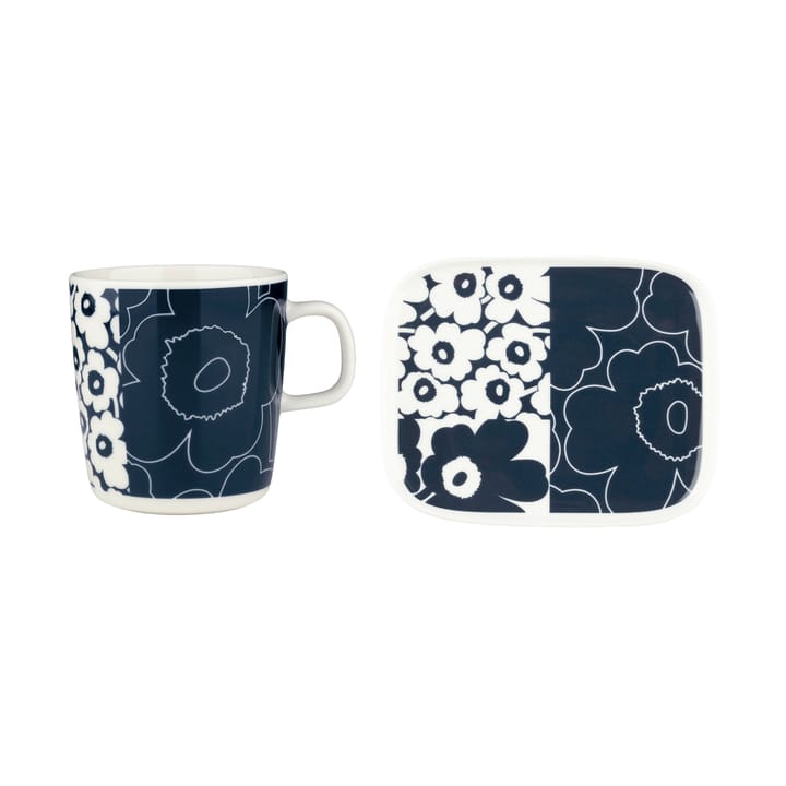 Unikko kollaasi bakke + kop 2 dele - White-dark blue - Marimekko