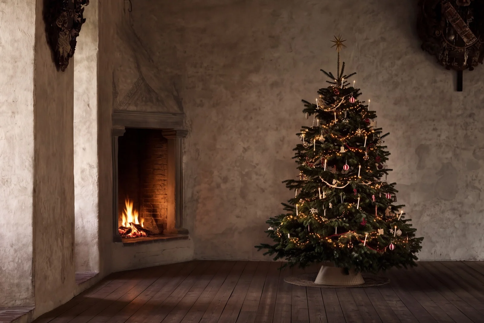 Et pyntet juletræ med tændte lys og ornamenter i et rustikt rum med pejs og trægulve.