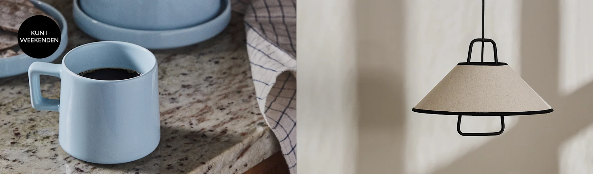 Lysblå keramikkrus med kaffe og en beige pendellampe med sort stel.