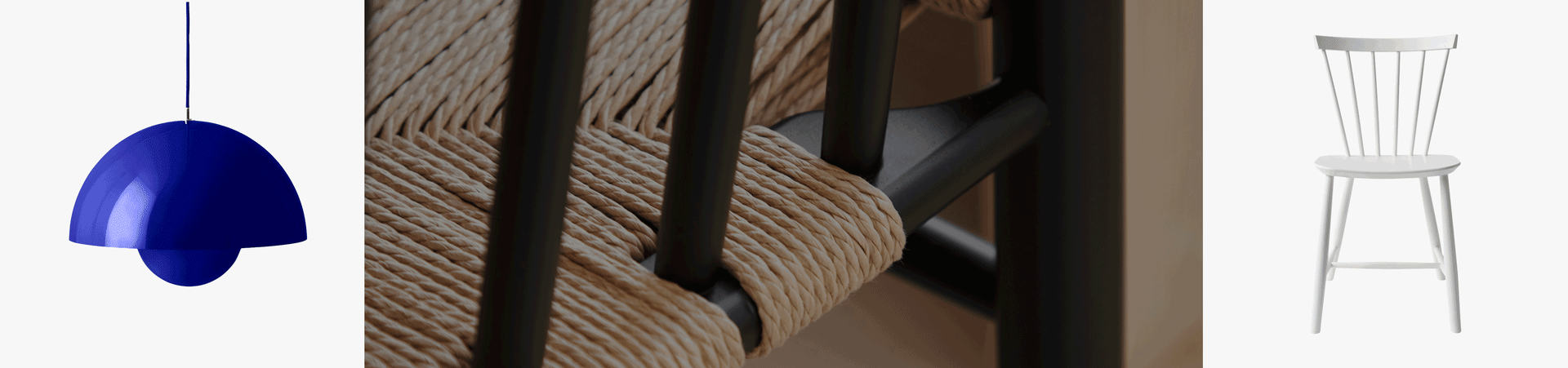 Blå klokkeformet pendellampe, nærbillede af stol med vævet naturfibersæde, og hvid spisestol med tremmeryg.