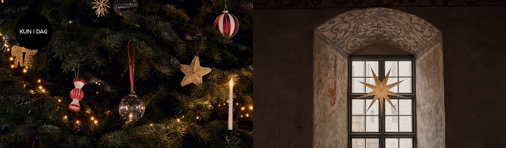 Juletræ med lys, farverige julekugler og stjerner; ved siden af et vindue med en stor, foldet julestjerne. Indeholder 'Kun i dag' mærkat.
