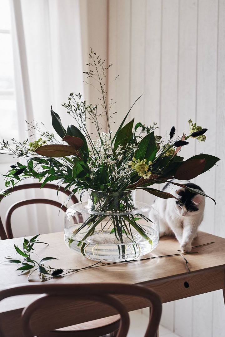 En kat leger med en løs blomst på et spisebord med en buket med friske blomster i den klare Urna vase fra Marimekko.