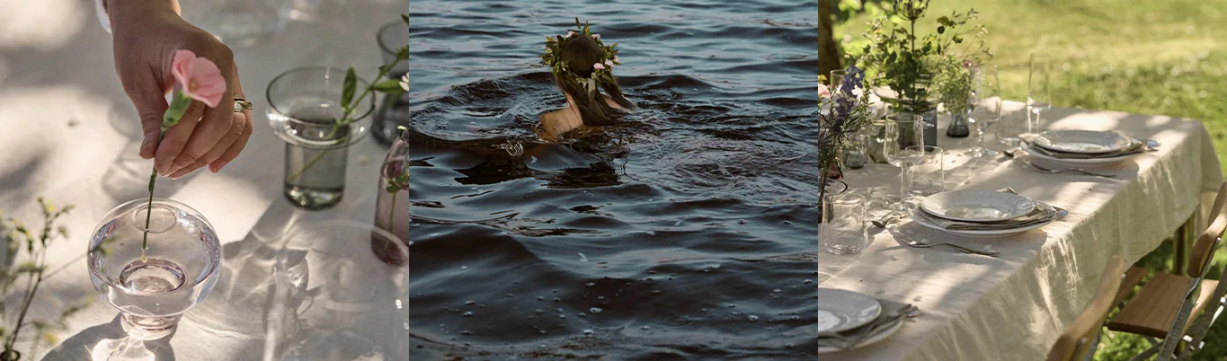 Et triptykon: hånd med lyserød blomst i vase, person med blomsterkrans i vand, og et udendørsbord dækket med blomster.